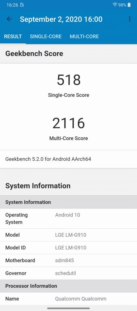 בדיקת GeekBench LG Velvet